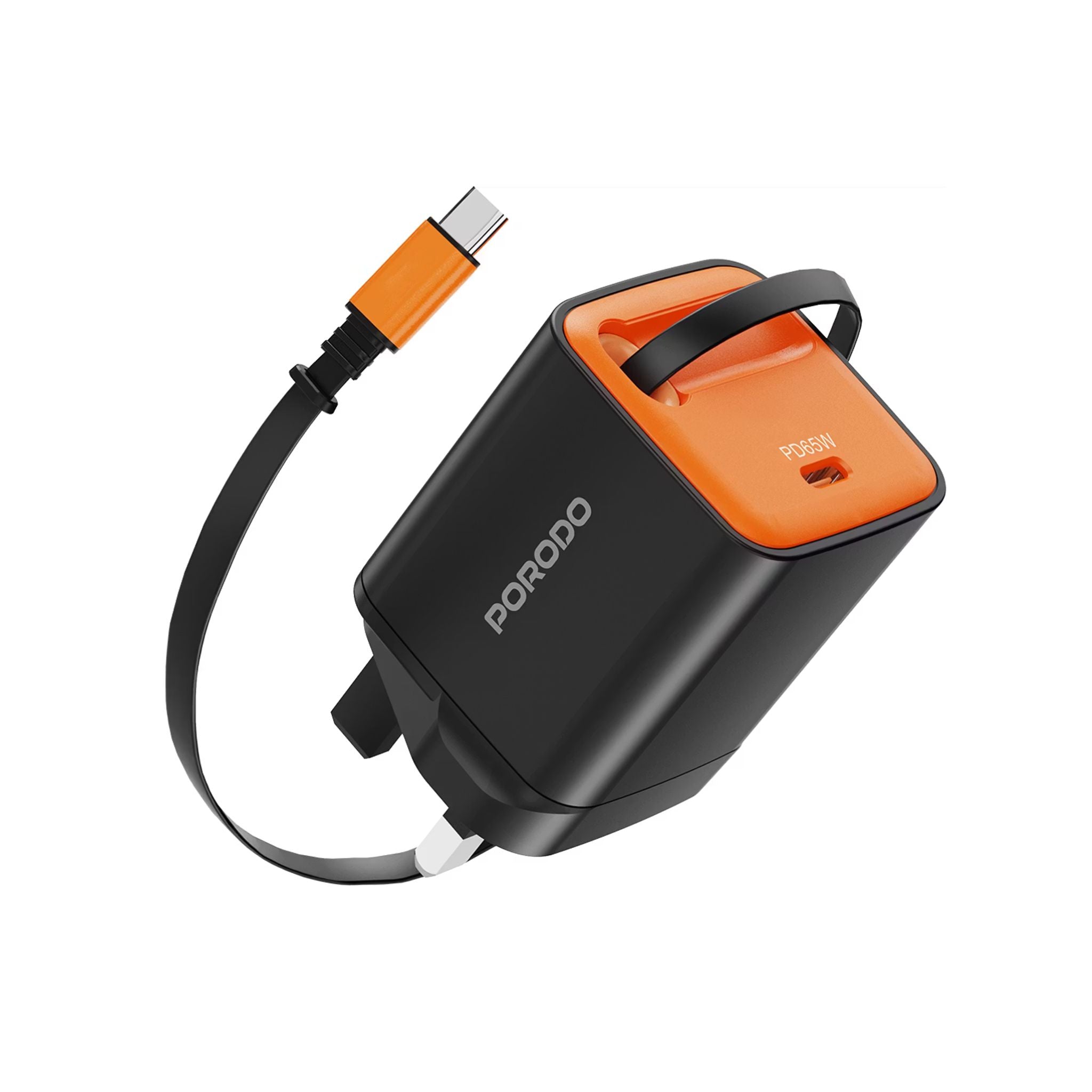 Porodo Tezpatro 65W GaN Charger with USB-C Retractable Cable, 1.5A Rated Current, 65W Power Delivery, 80cm Cable Length, Flame-Retardant Housing, Fast Charge Support - Black / Orange