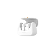 A white true wireless earbuds case with earbuds inside, featuring a charging indicator and touch control buttons.