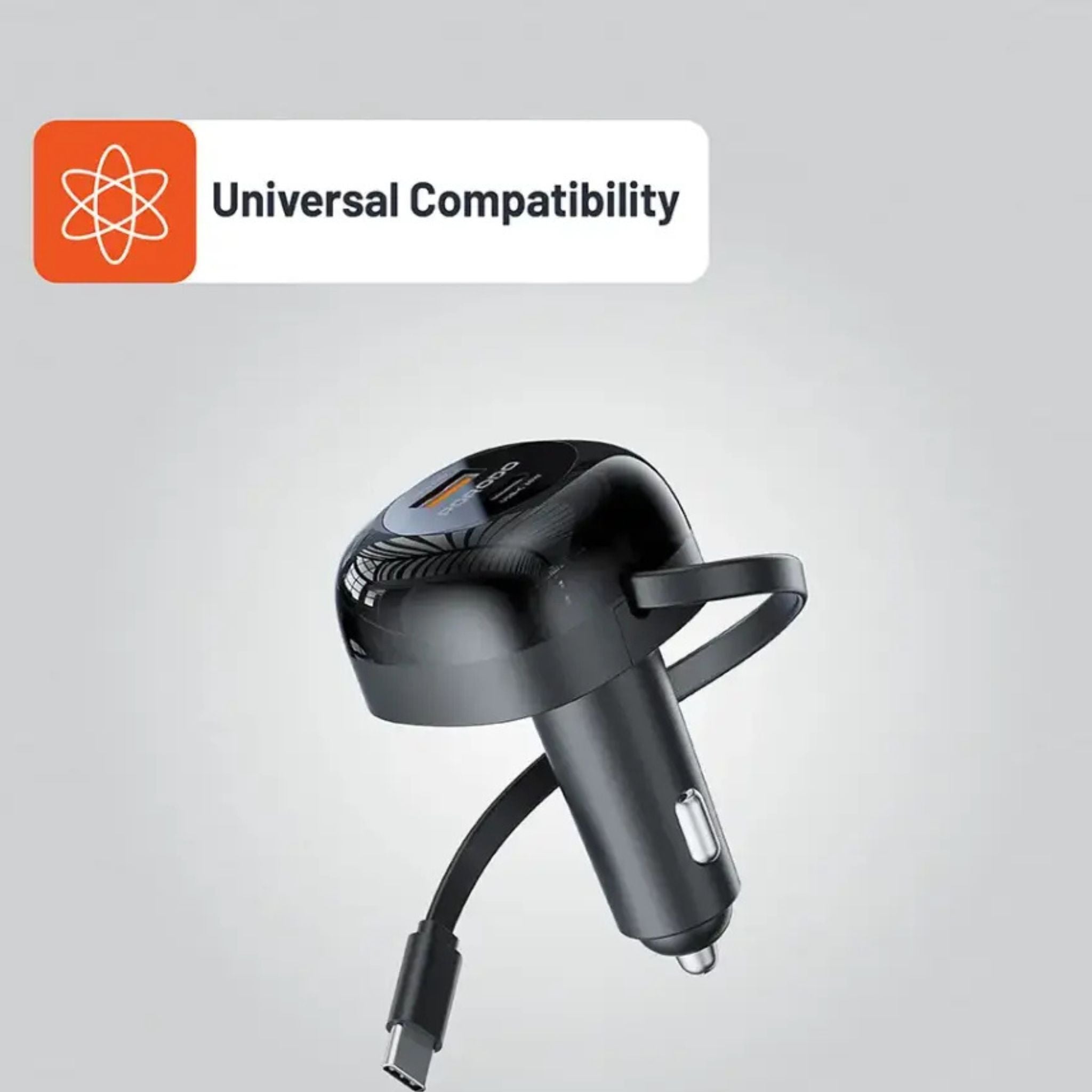 Porodo Dual Port Car Charger with 80cm Retractable Type-C Cable, Simultaneous Charging, Universal Compatibility, 47W Total Output Power - Black