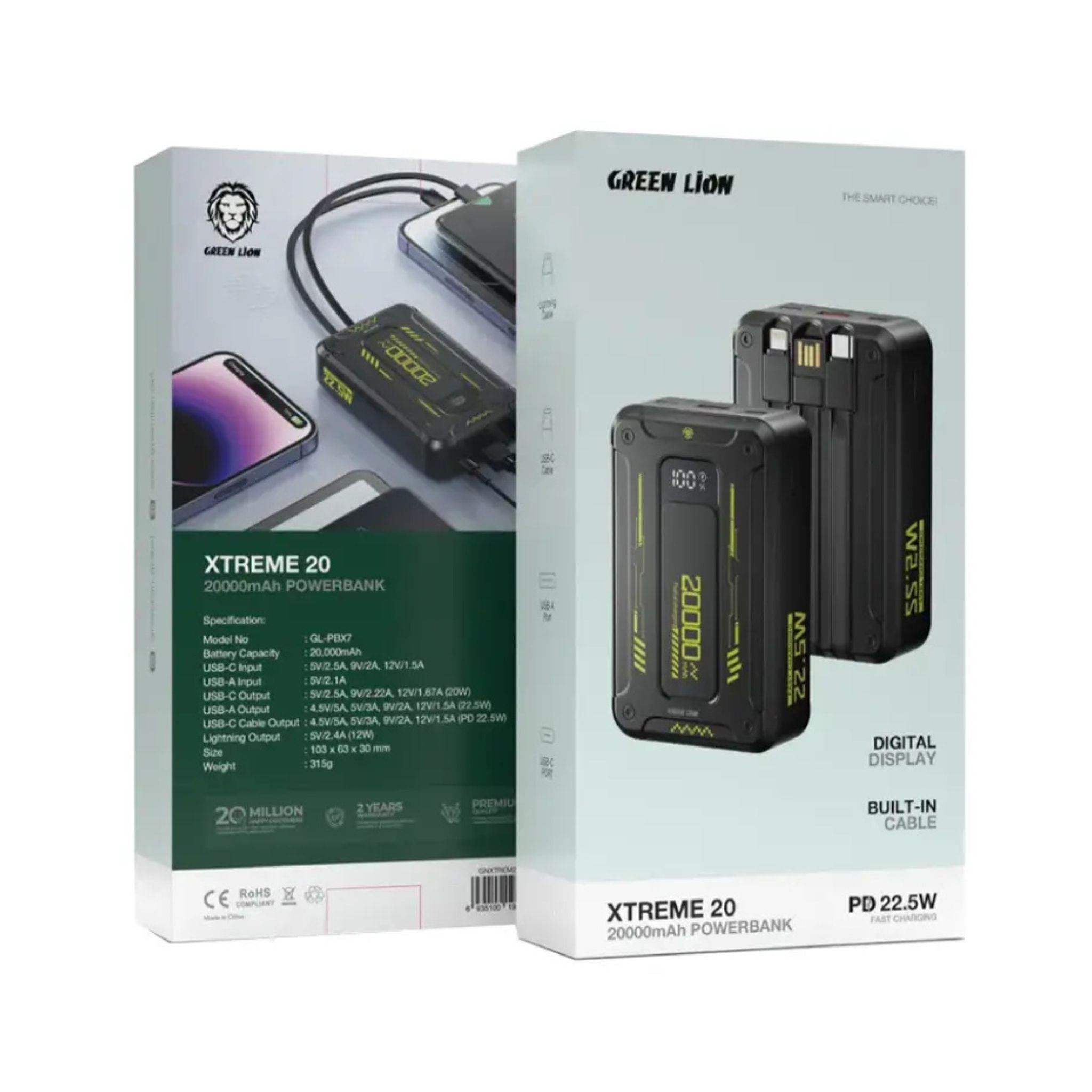 Green Lion Xtreme 20 Power Bank 20000mAh, PD 22.5W, Built-in Cable, Lightning & USB-C Cables, USB-A & USB-C Ports, Digital Display, Lightning Cable, USB-C Cable, USB-A Port, USB-C Port - Black