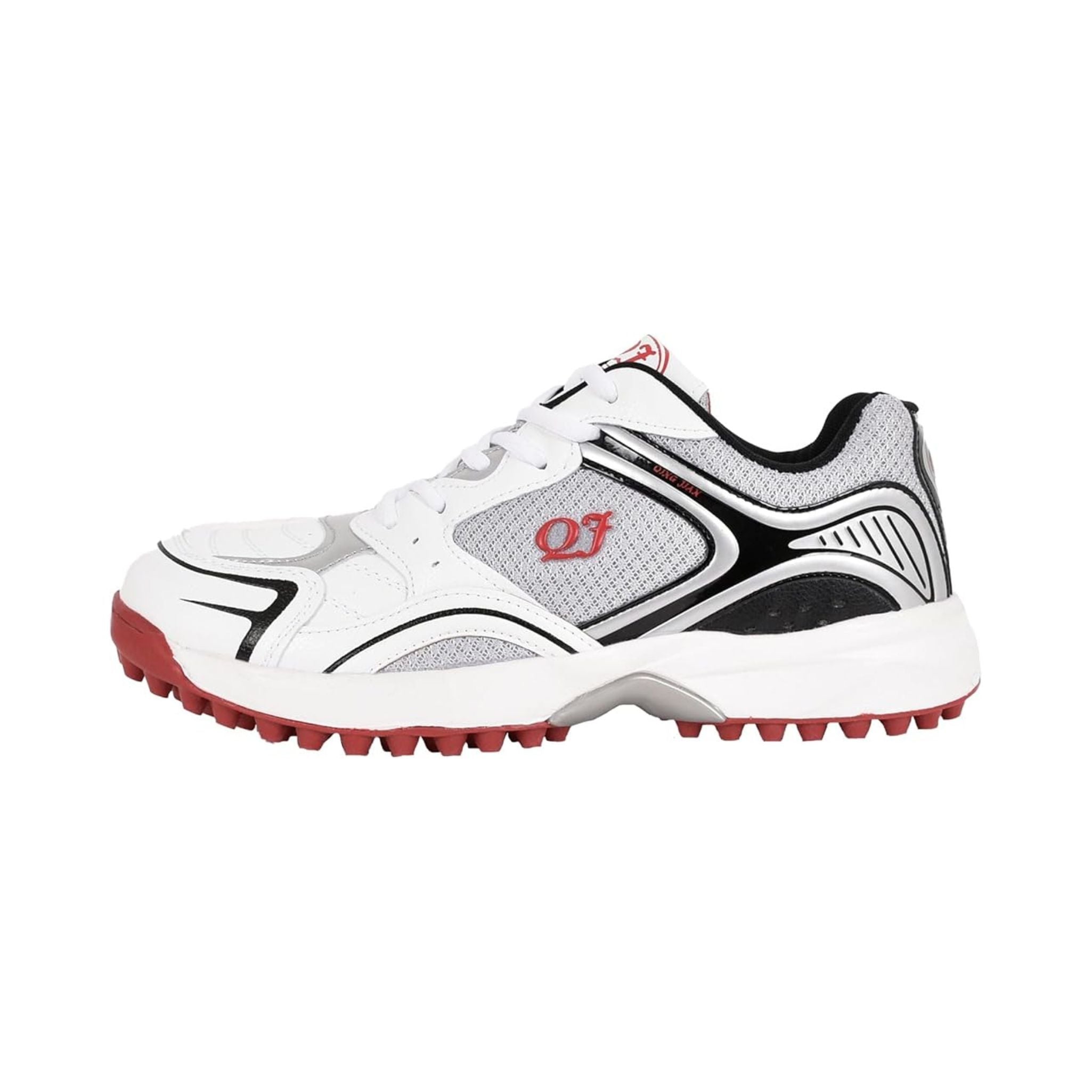 White sports shoe with black and red accents on a white background