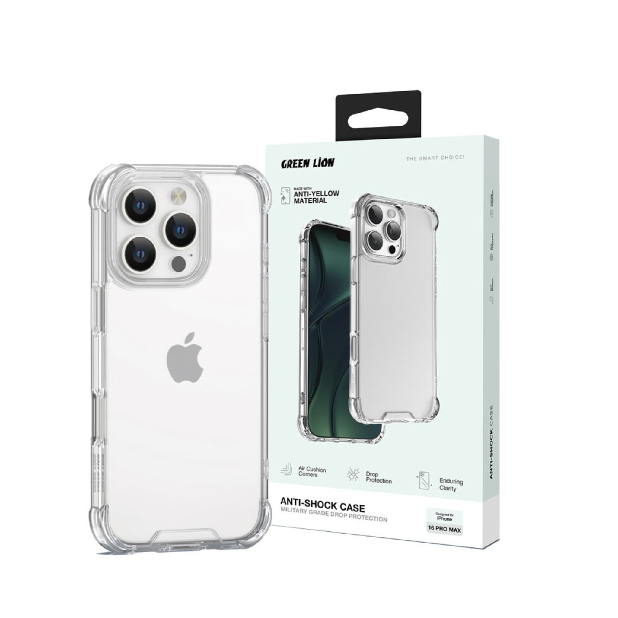 Green Lion Anti-Shock Case for iPhone 16 Pro Max, HD Clarity, Precise Cutouts, Hybrid Protection, Drop Protection, Anti Scratch, Air Cushion - Clear