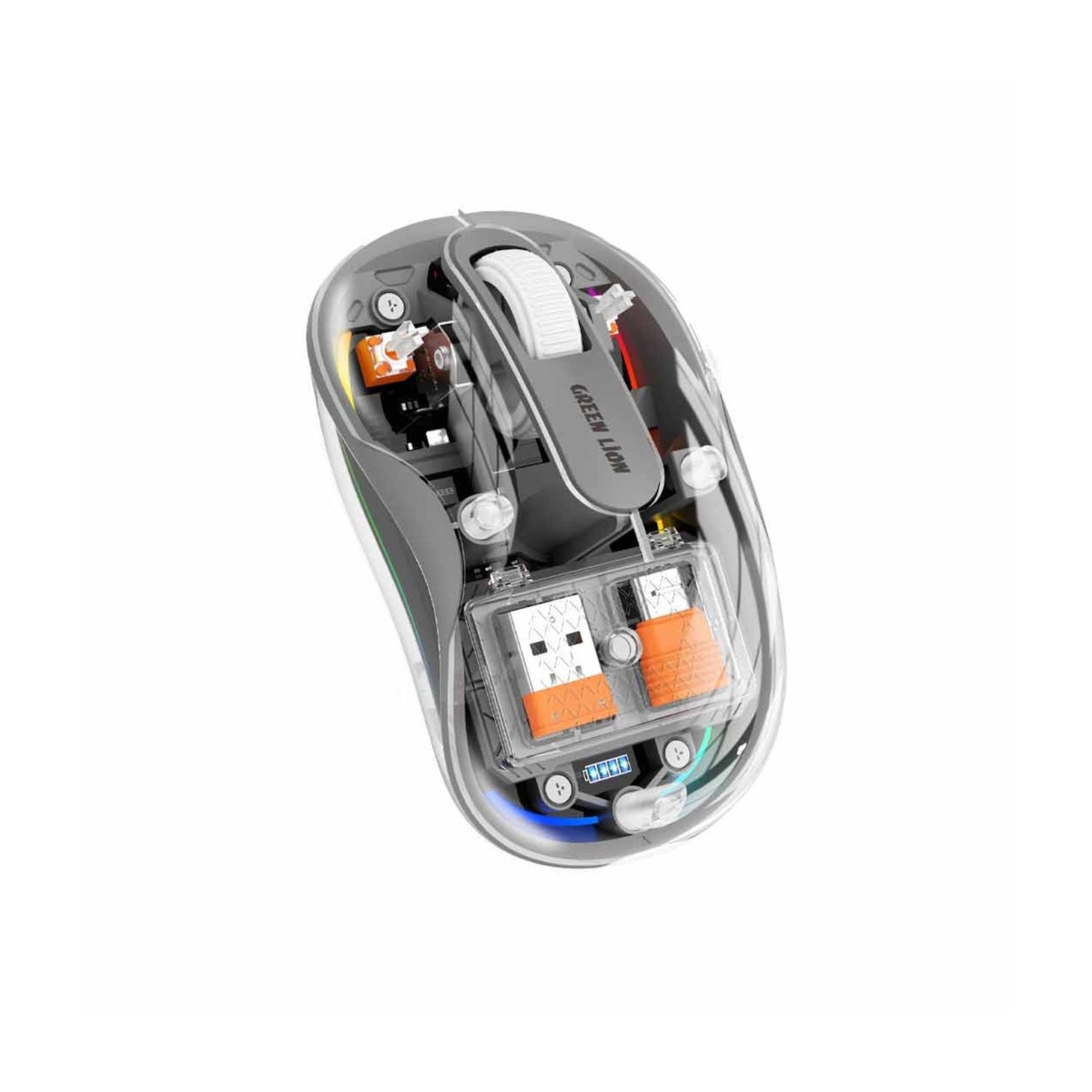 A wireless turtle-shaped mouse with a gray body, visible internal components, and branding on the side.