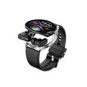 A black Porodo Pulse Smart Watch with a leather band and a digital black dial, alongside earbuds.