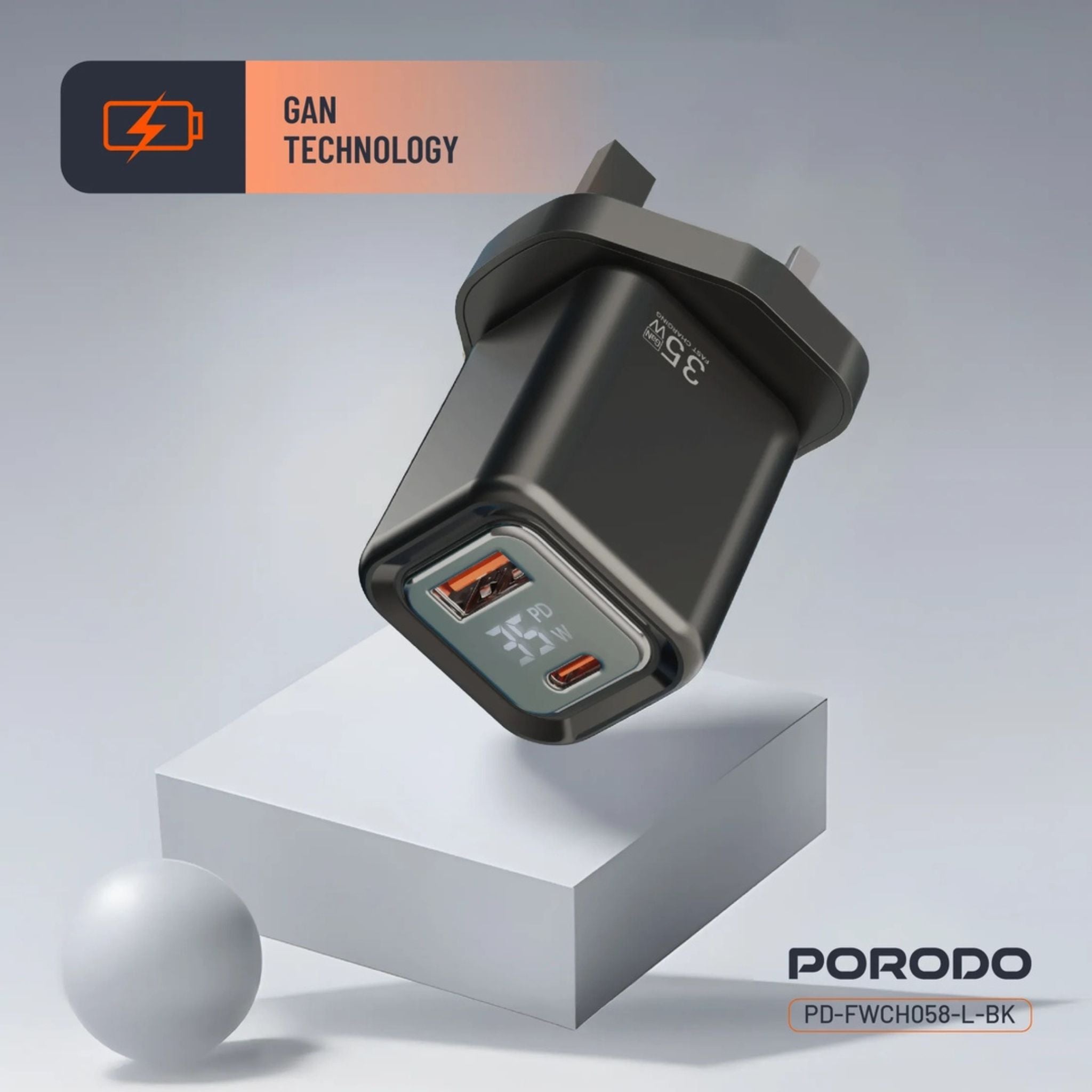 Porodo PD35W GaN Fast Charger with LCD Display, USB-C PD 35W Output, UK Plug, Includes Lightning Transparent Cable for iPhone & iPad, High-Speed Power Adapter – Black