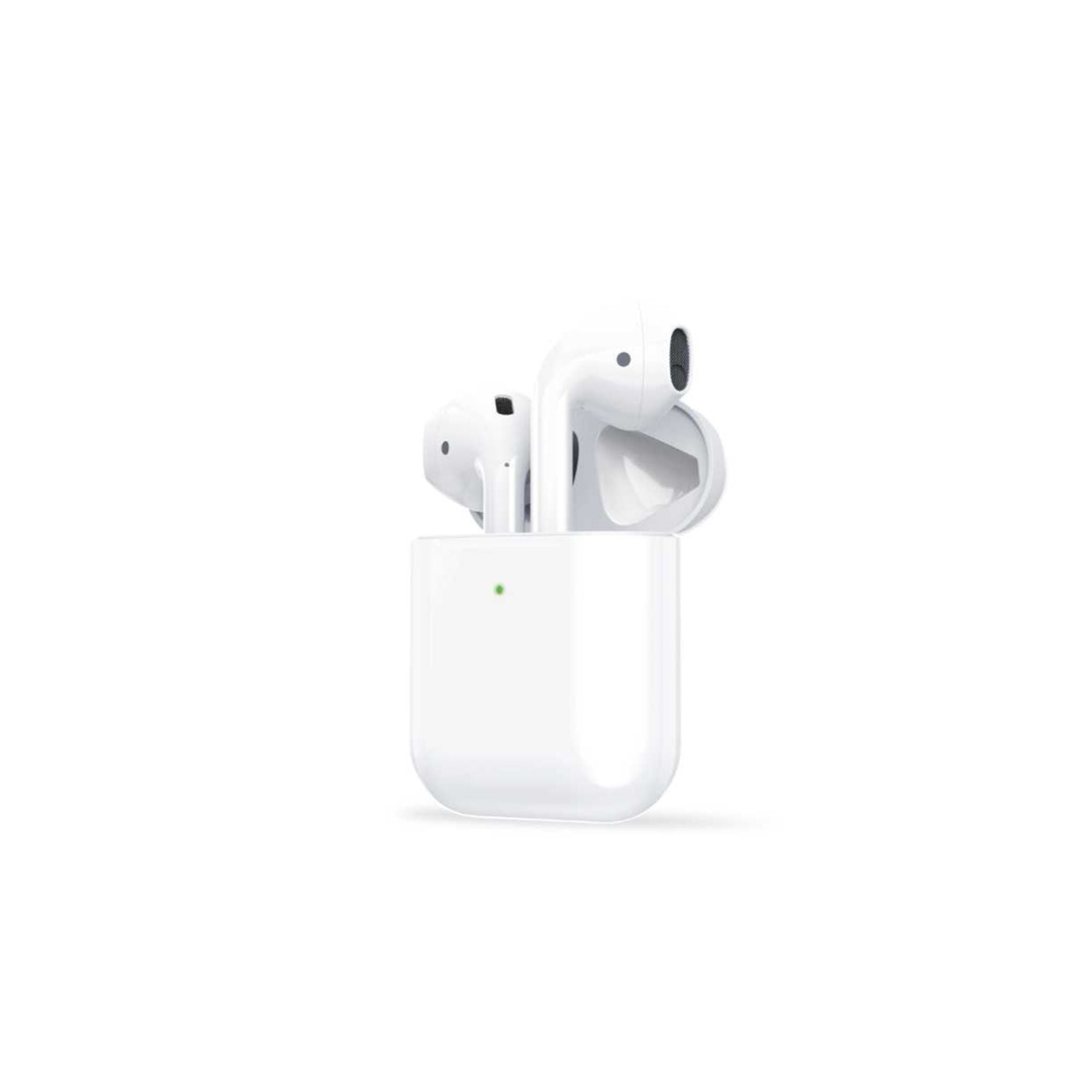 A pair of white true wireless earbuds with a charging case, designed with a sleek and modern look.