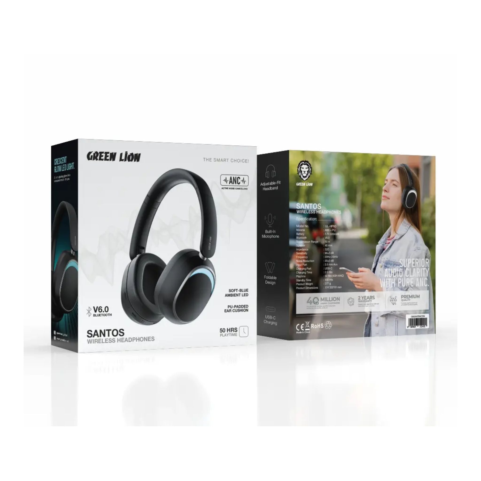 Green Lion Santos Wireless Headphone with ANC - Black