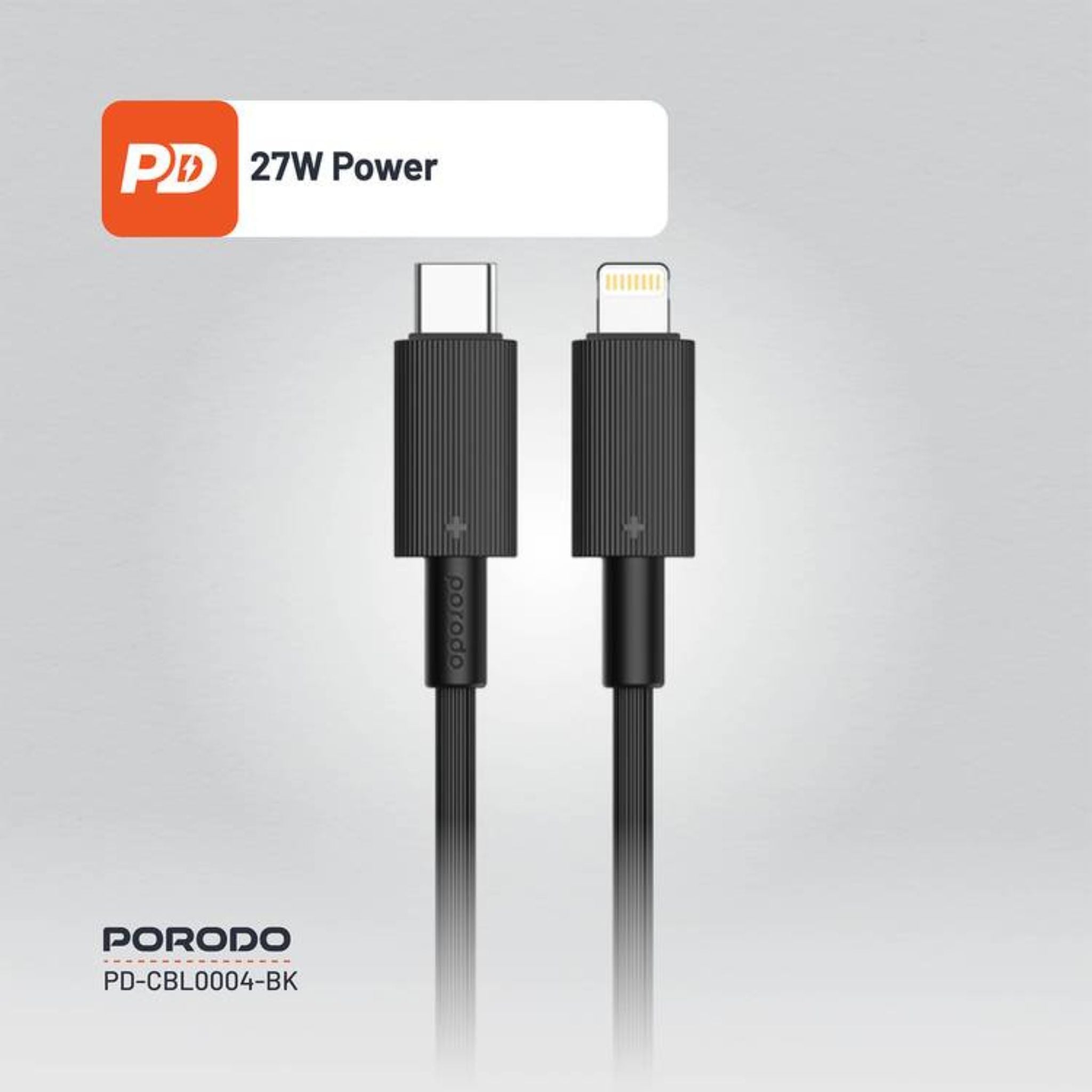 Porodo USB-C to Lightning PVC Cable, 480Mbps Transfer Speed, PD 27W, More than 15000 Bends Life Span, 1.2m Cable Length, Tangle Free - Black