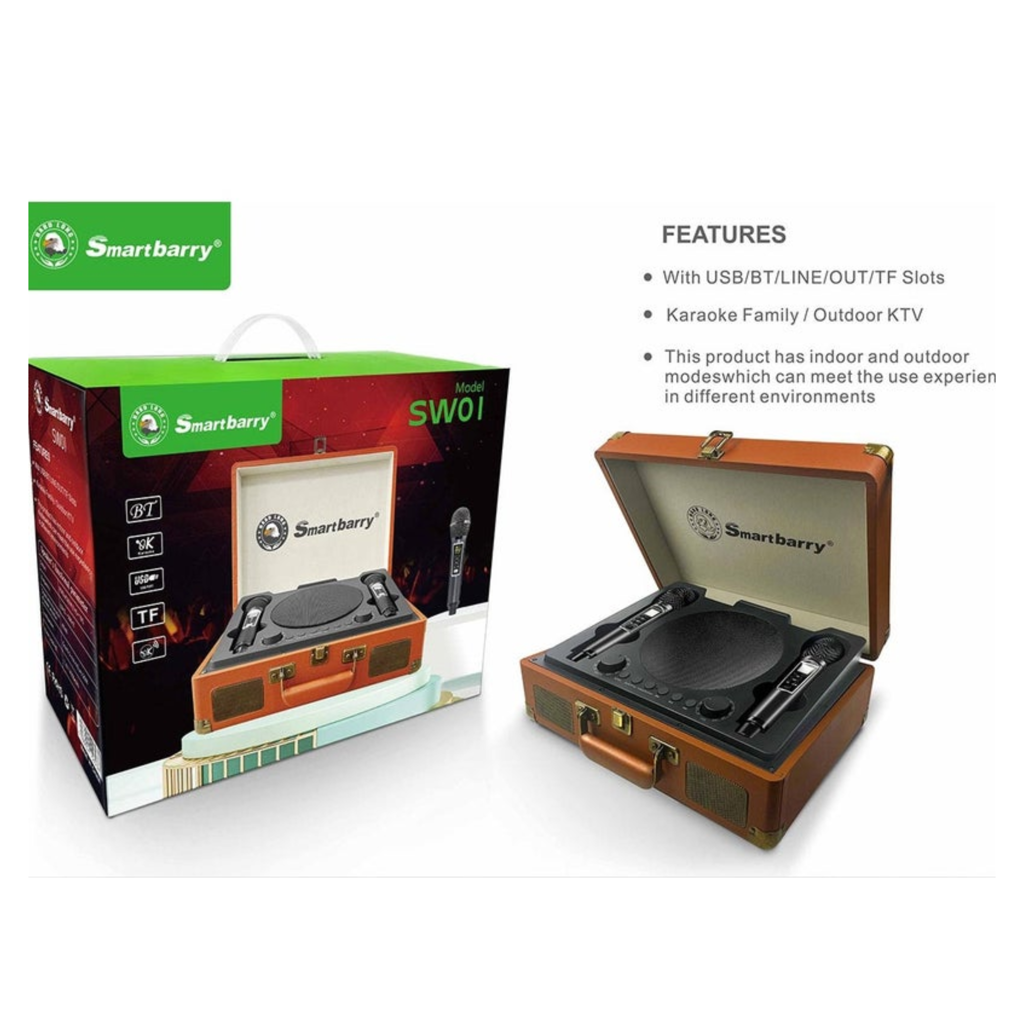 Smartbarry Wireless Party Speaker, Intelligent Noise Cancellation, Full-Range Stereo Karaoke Machine with HiFi Sound, Dual Microphones, Unique Suitcase Design - Brown