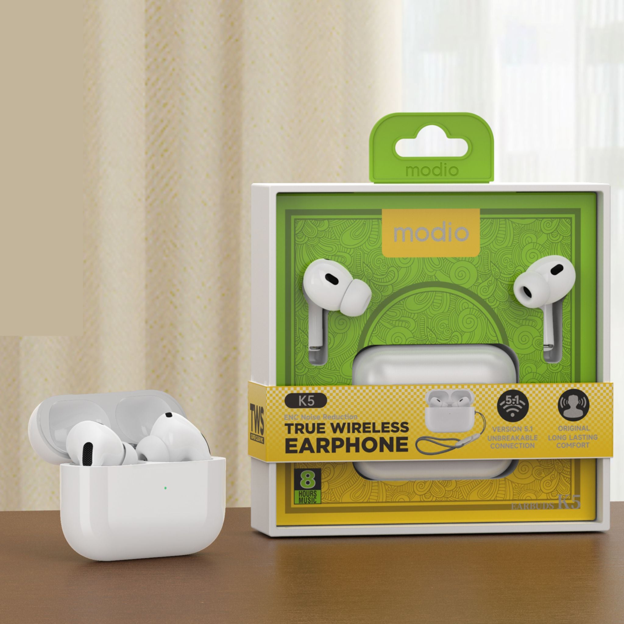 Modio K5 True Wireless Earphones – In-Ear, White, Ergonomic Comfort, Bluetooth V5.3, Ultra-Low Latency, Extended 10m Range, High-Quality Audio, Seamless Connectivity, Free Charging Case Included