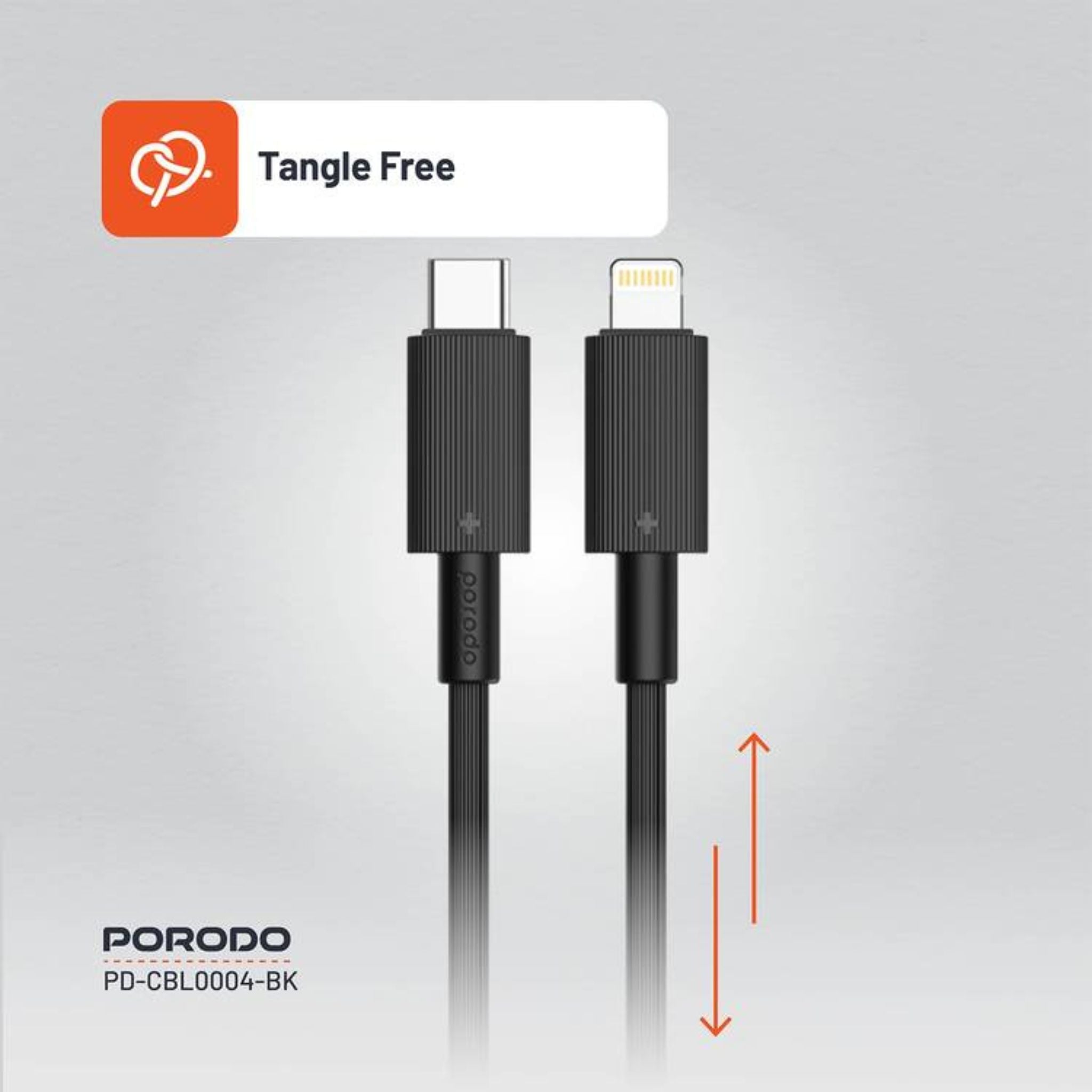 Porodo USB-C to Lightning PVC Cable, 480Mbps Transfer Speed, PD 27W, More than 15000 Bends Life Span, 1.2m Cable Length, Tangle Free - Black
