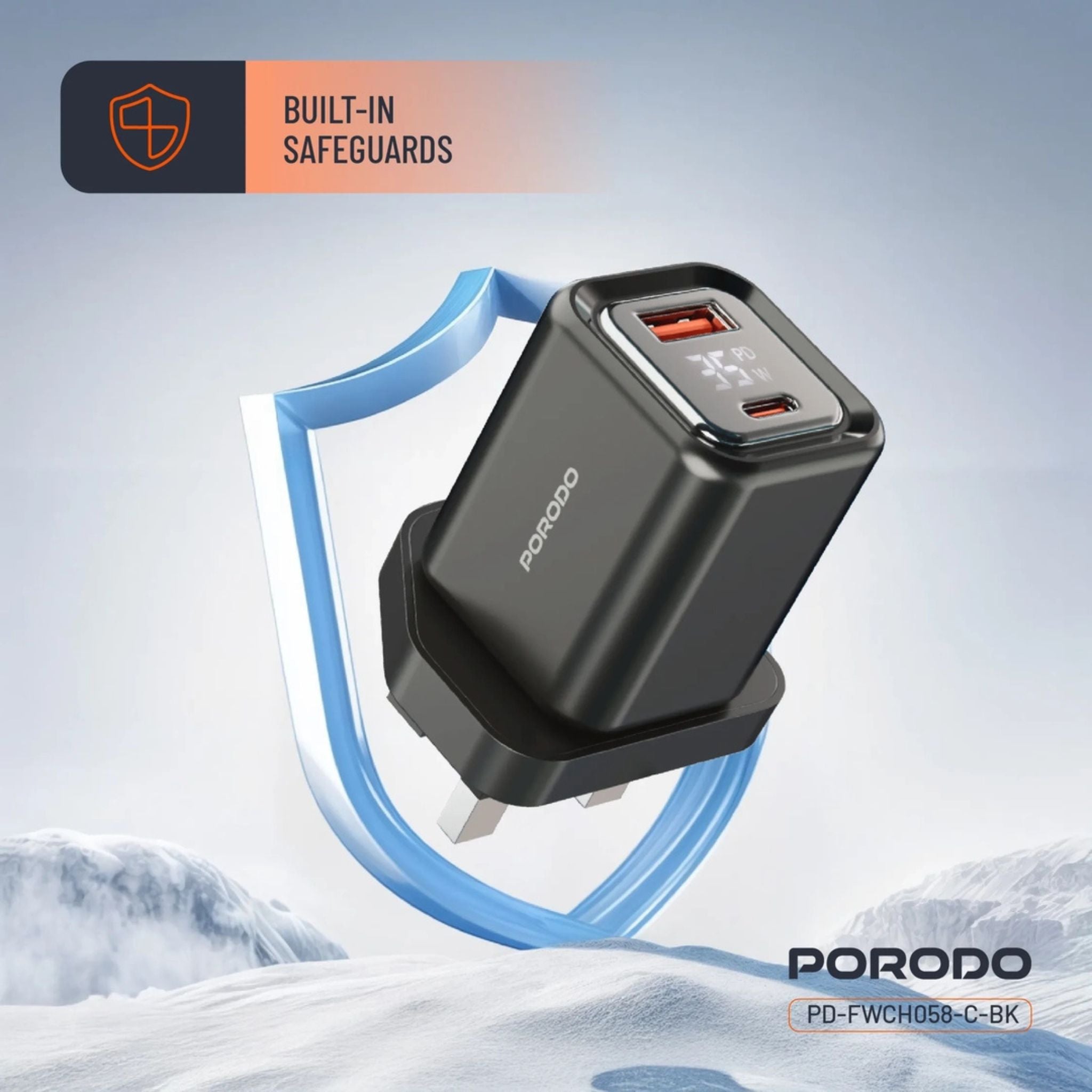 Porodo  PD35W GaN Display Screen USB +C Fast Charger UK Plug with  Type-C Transparent Cable - Black