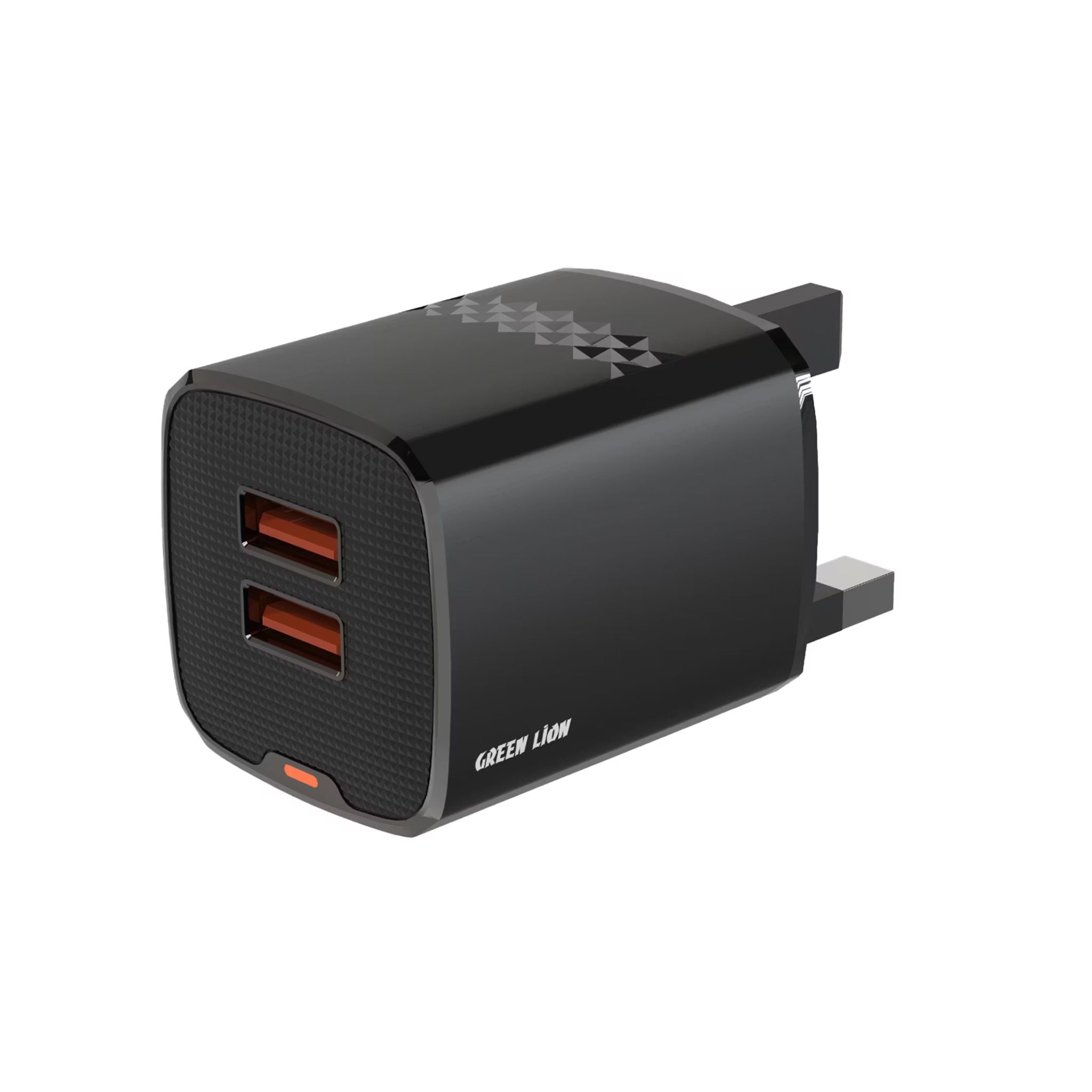 Green Lion Dual Port Wall Charger with USB-A to USB-C Cable, 10.5W per USB-A Output, ABS Material, UK 3-Pin Plug, Smart Safety System, Ultra-Compact Design - Black