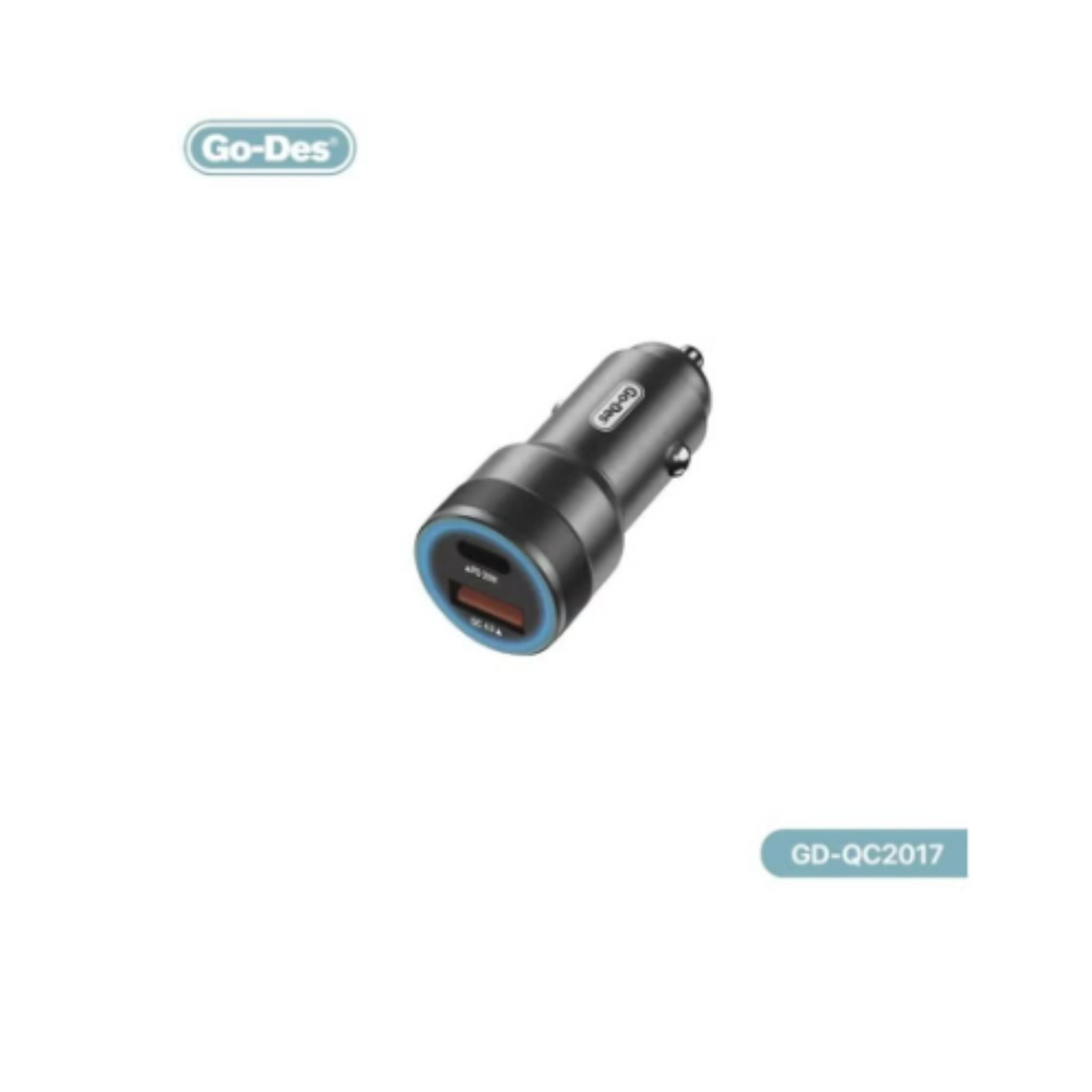 Car charger with 'Go-Des' branding on a white background