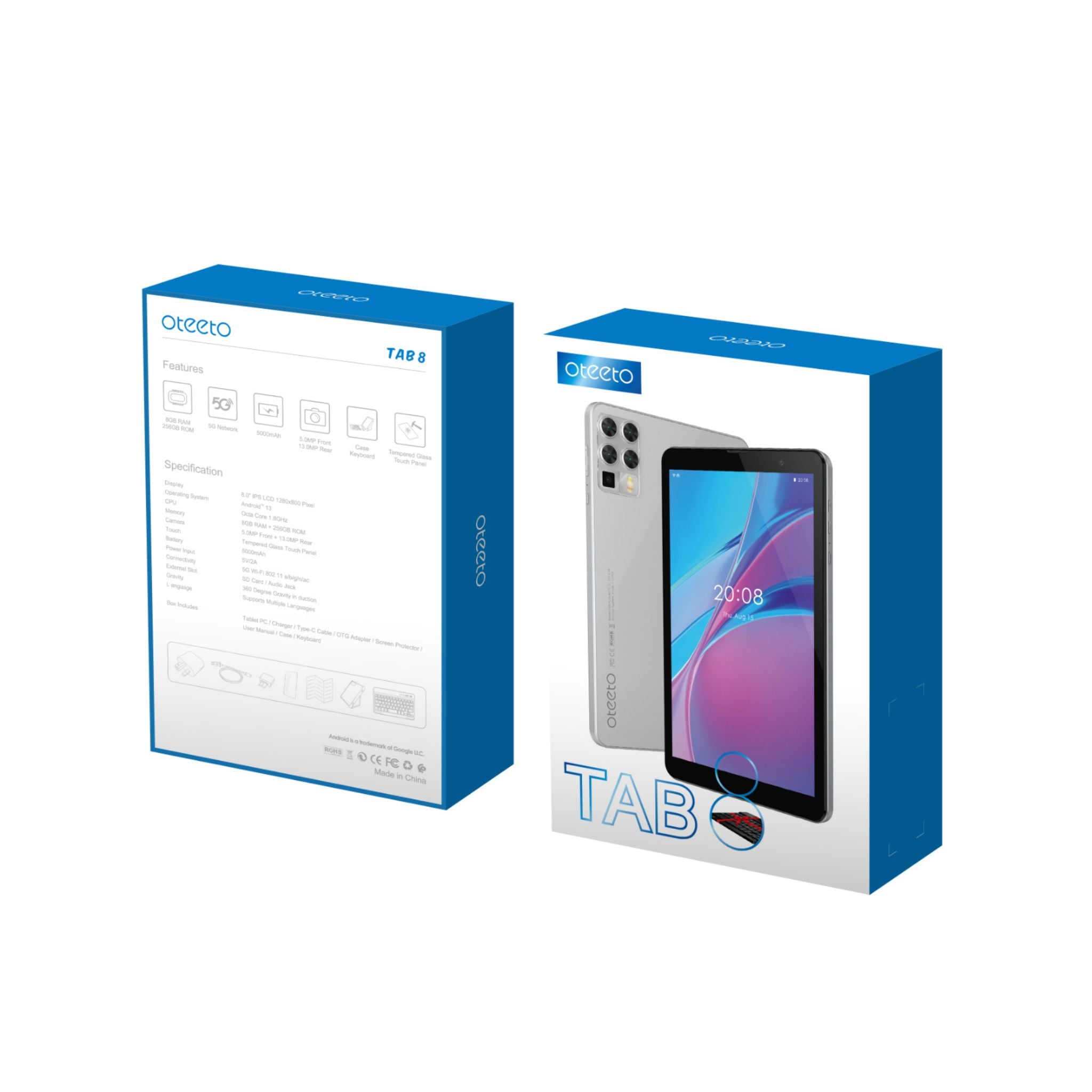 Oteeto Tab 8 Tablet, 8" 1280x800 IPS LCD Display, Octa-Core 1.8GHz Processor, 8GB RAM, 256GB ROM, 5.0MP Front + 13.0MP Rear Camera, 5000mAh, Android 13-Grey