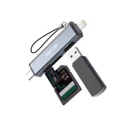 Green Lion 3-in-1 Card Reader with USB-C & Lightning Connectivity, Keychain Lanyard, Aluminum Alloy Material, Plug & Play, Universal Compatibility, 480Mbps Transfer Speed - Gray