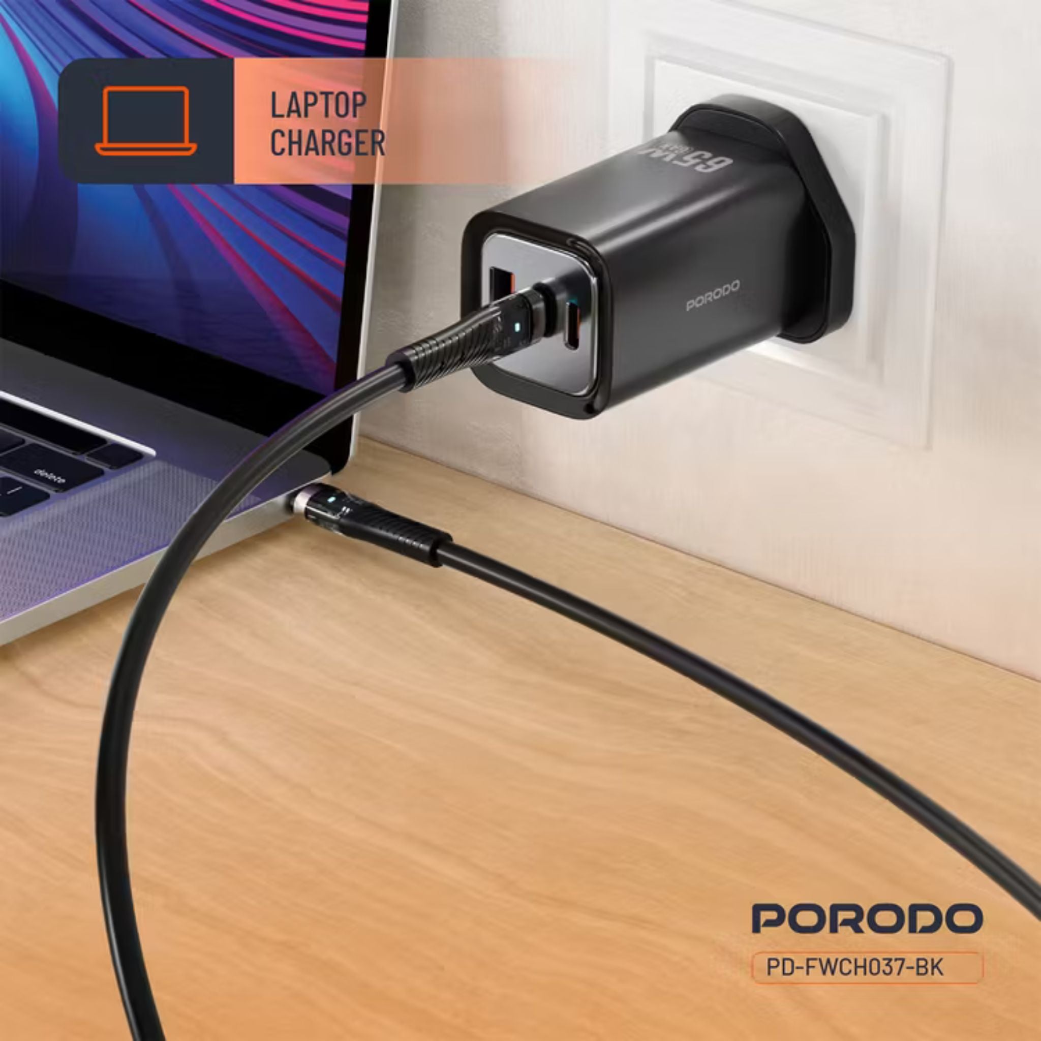 Porodo Triple Output Quick Wall Charger with 65W Power Delivery, Built-in Safeguards, Simultaneous Charging, 22.5W USB-A Output, Laptop Charging Compatibility - Black