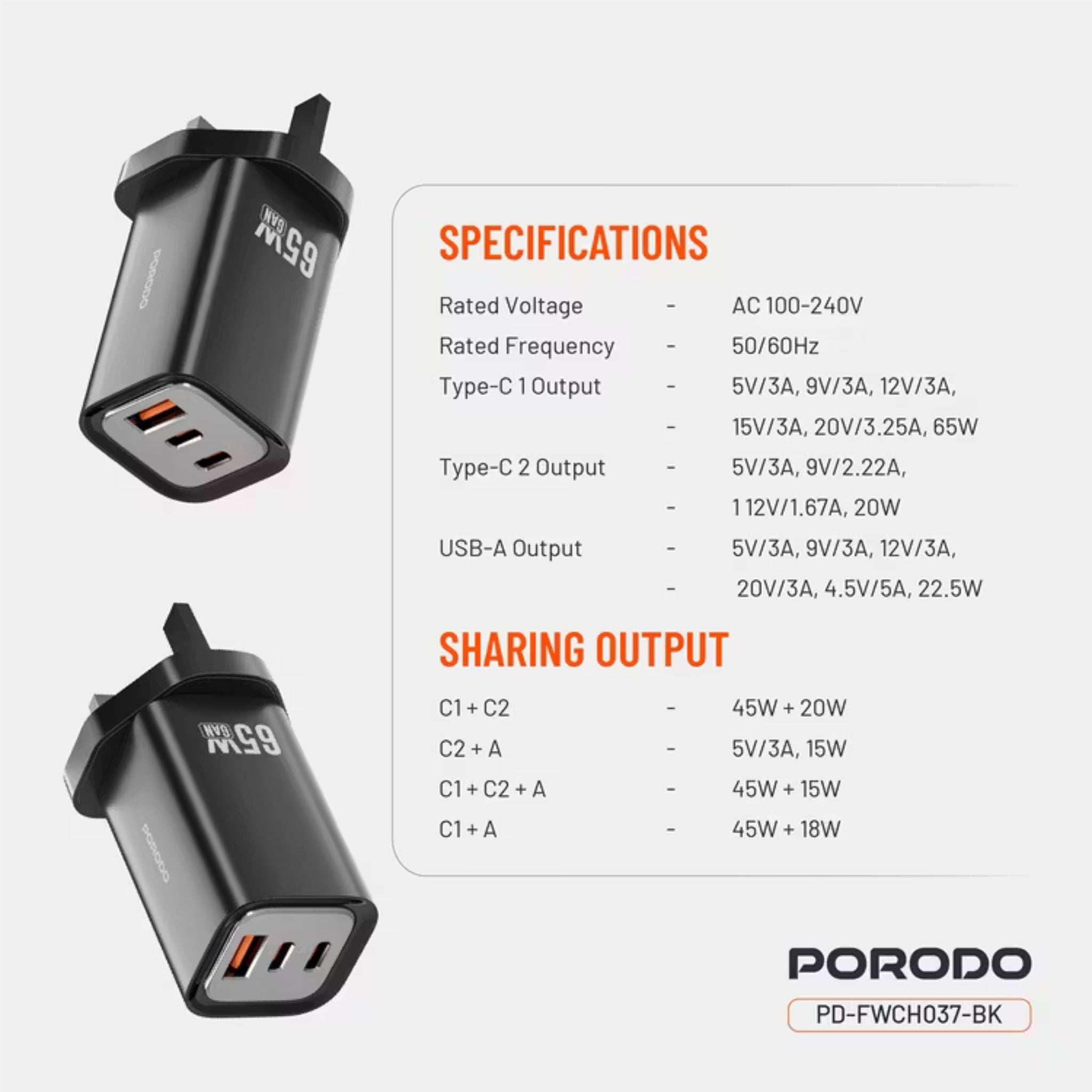 Porodo Triple Output Quick Wall Charger with 65W Power Delivery, Built-in Safeguards, Simultaneous Charging, 22.5W USB-A Output, Laptop Charging Compatibility - Black