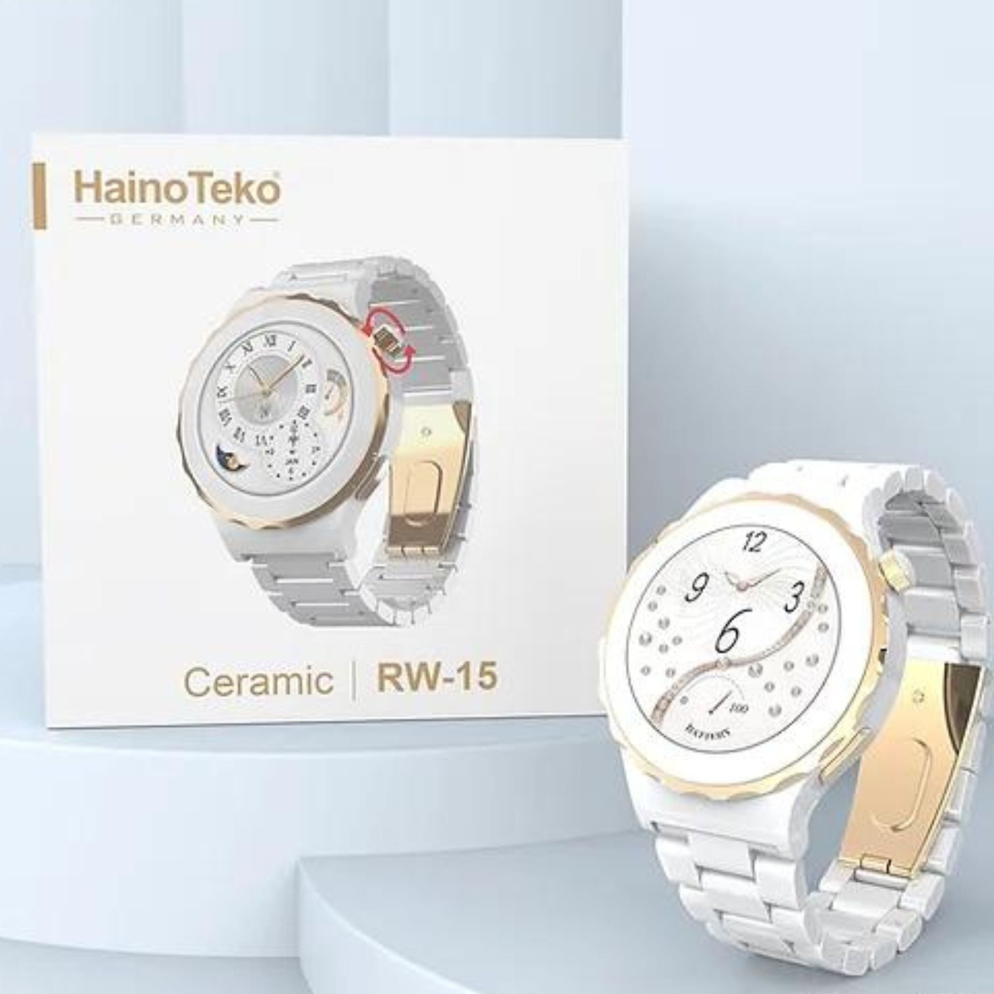 Haino Teko RW-15 Smartwatch with 3 Replacement Bands (Ceramic, Leather & Silicone) and Wireless Charger – Gold