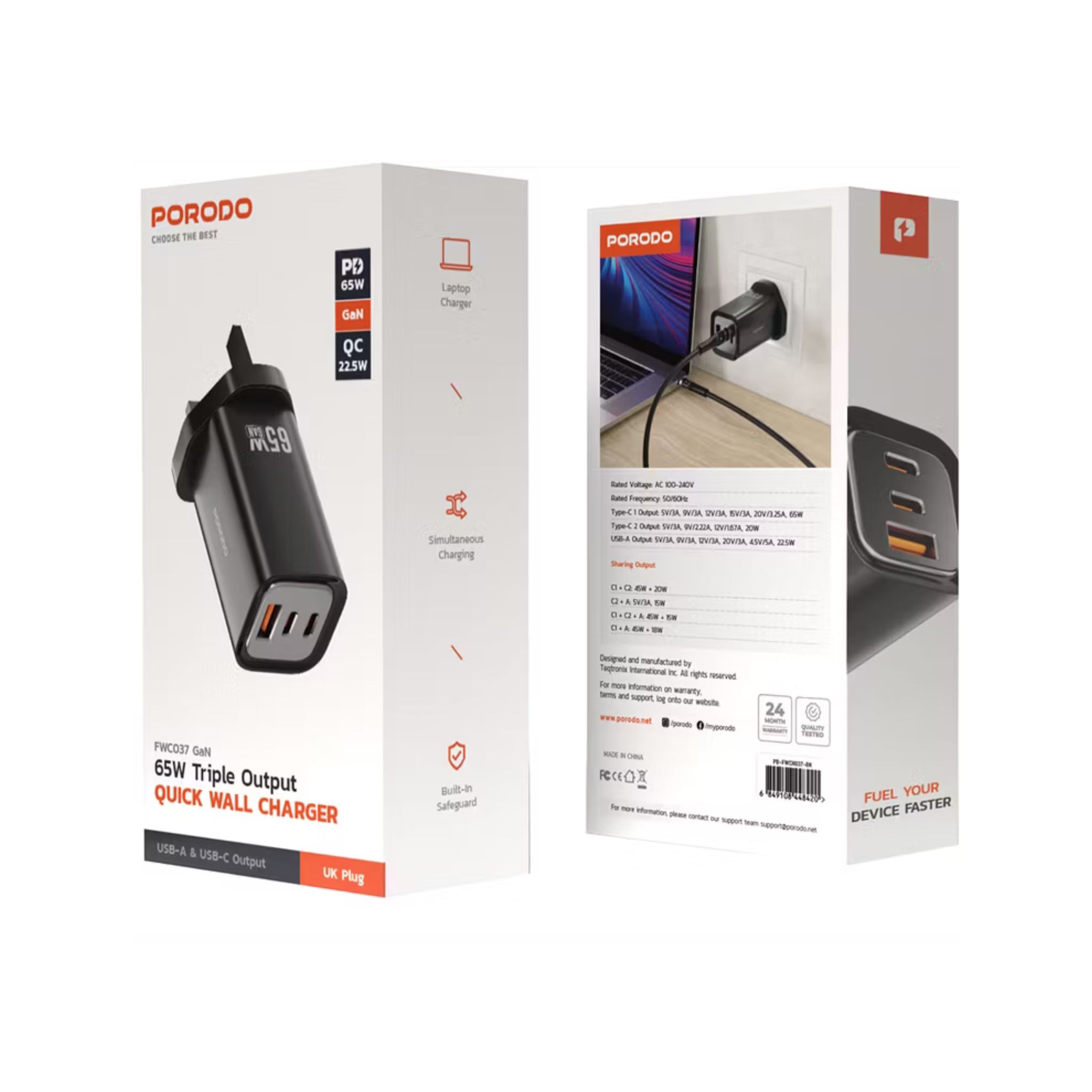 Porodo Triple Output Quick Wall Charger with 65W Power Delivery, Built-in Safeguards, Simultaneous Charging, 22.5W USB-A Output, Laptop Charging Compatibility - Black