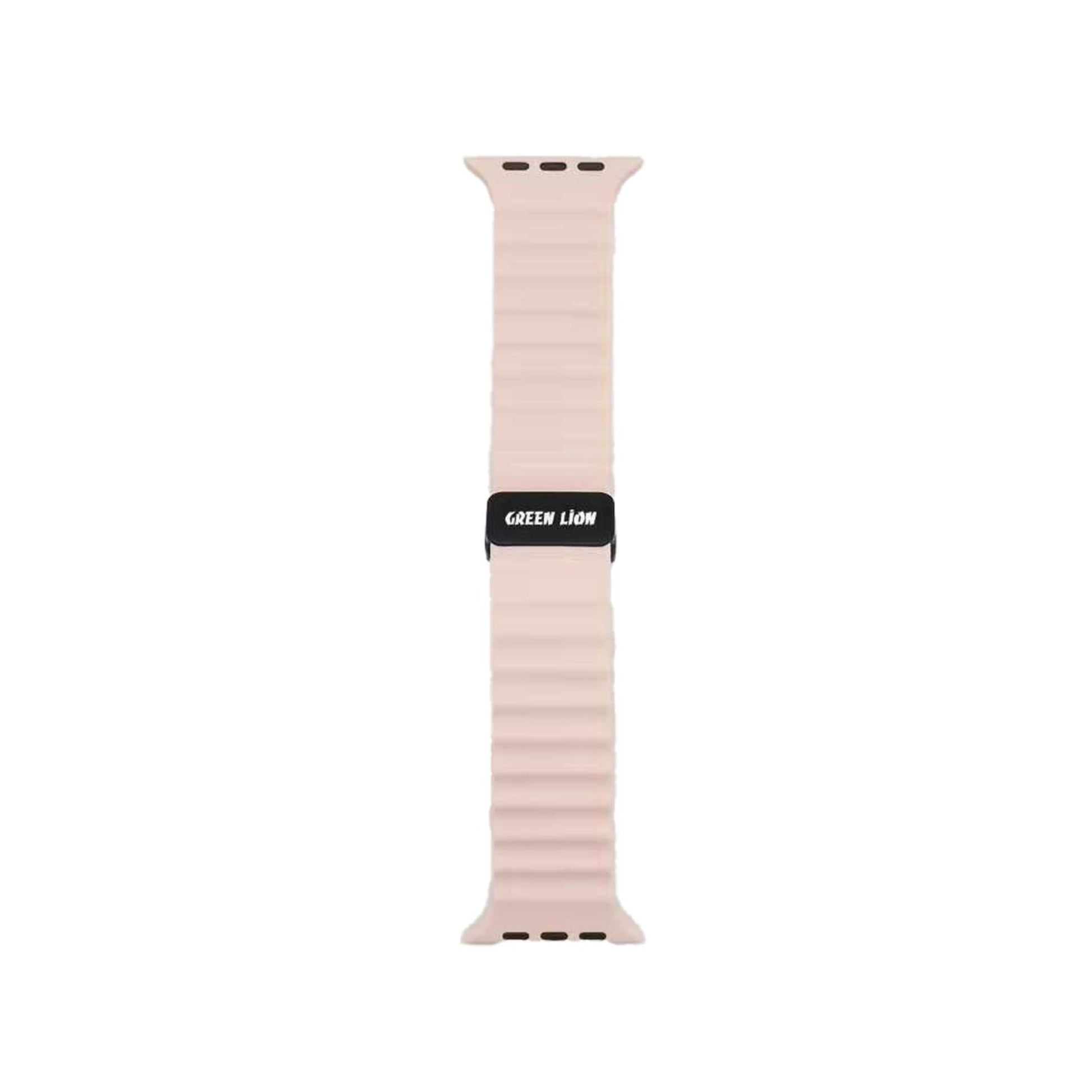 Pink textured watch band with black clasp on a white background