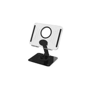 A black and transparent tablet stand with a 360° rotating base and anti-slip silicone grip.