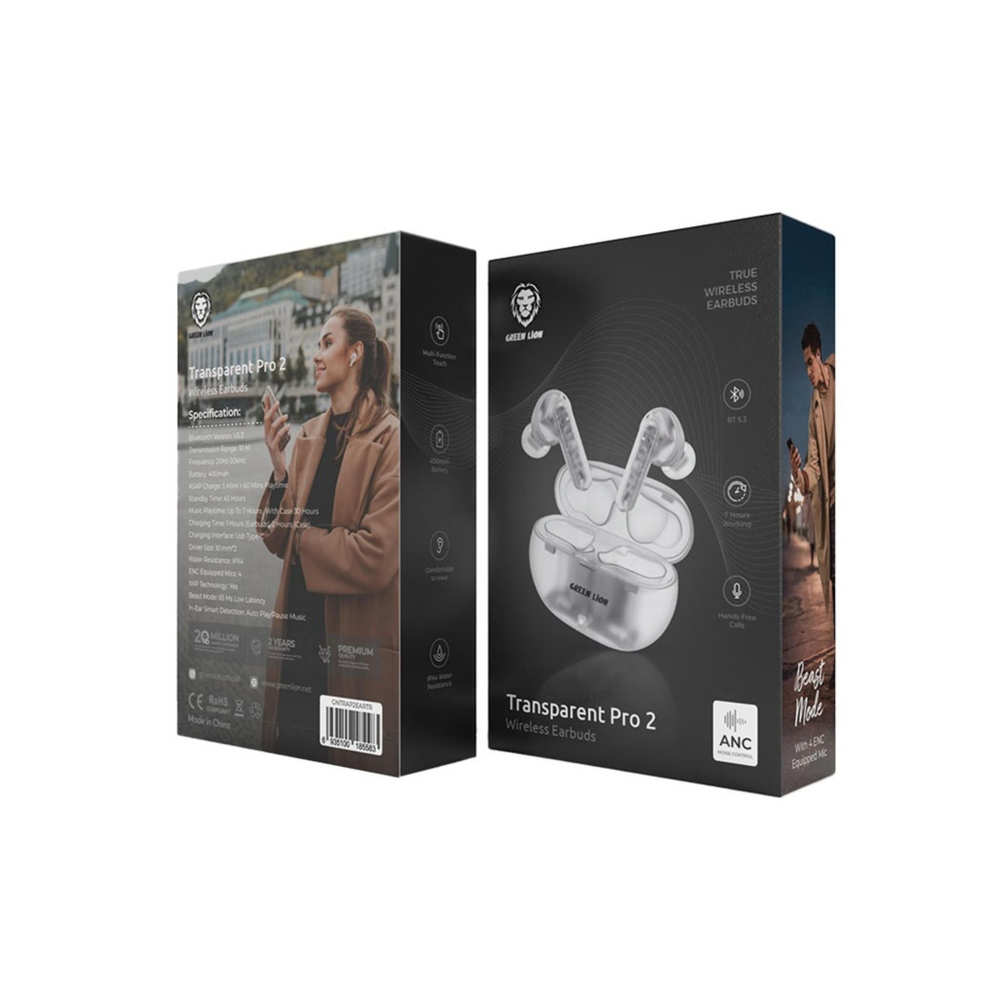Green Lion Transparent Pro 2 Wireless Earbuds, 4 ENC Equipped Mic, Multi-Function Touch, 400 mAh Battery, 10 m Transmission Range, Up to 7 Hours of Playing Time, Bluetooth 5.3 - White