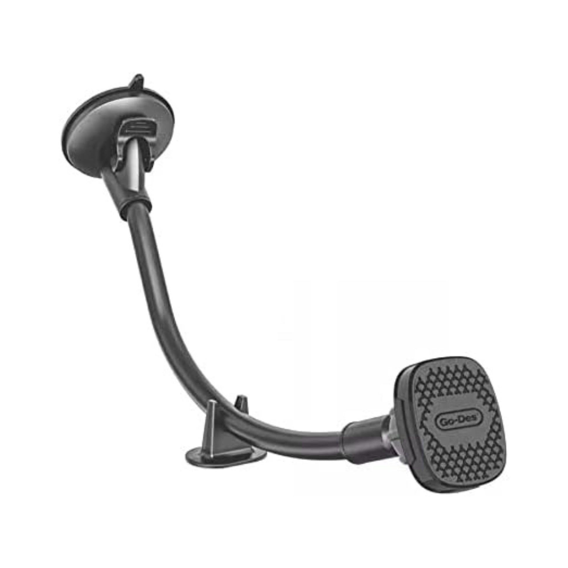 A black gO-dES brand magnetic car holder with a flexible ball-joint mechanism and a built-in camera protector, designed for use with smartphones and tablets.