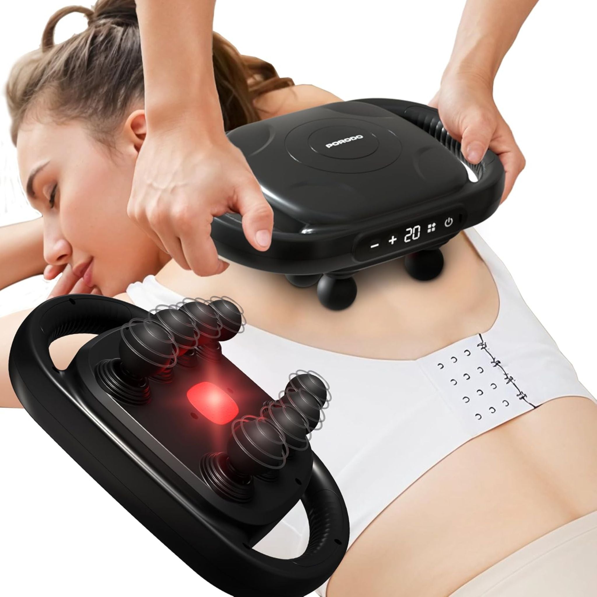 Porodo Lifestyle Power Pulse 8-Head Massage Gun with Red Light Therapy, 9 Speed Levels, 25W Motor, 3200RPM, USB-C Charging, 1500mAh Battery, Deep Muscle Relief-Black