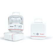 A pair of white Telzeal W3 premium deep bass intelligent noise-cancelling headphones with the charging case displayed.