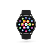 A black smartwatch with a colorful digital interface displaying time and various app icons.